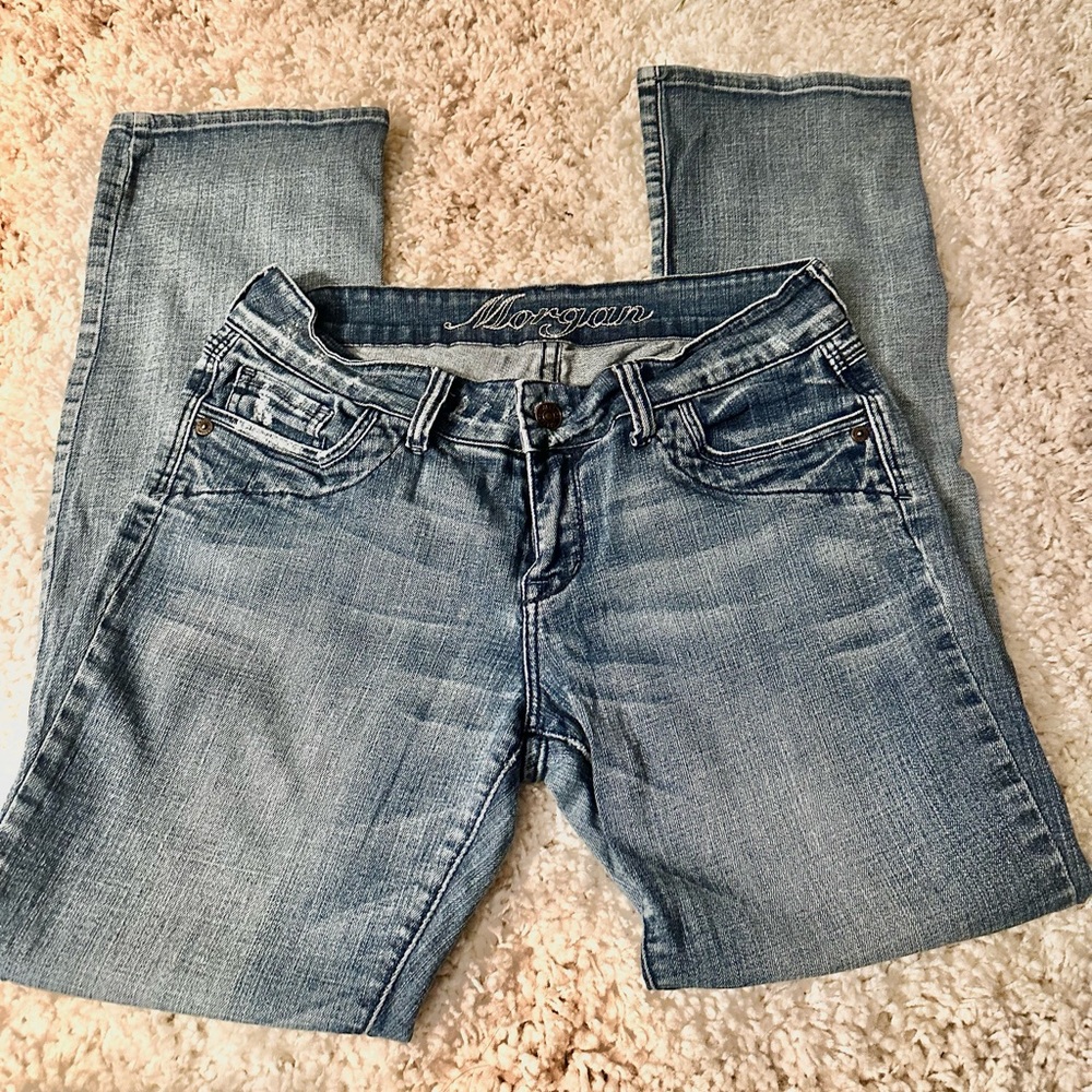 Morgan Delia’s light blue bootcut comfortable denim casual hugging jeans.